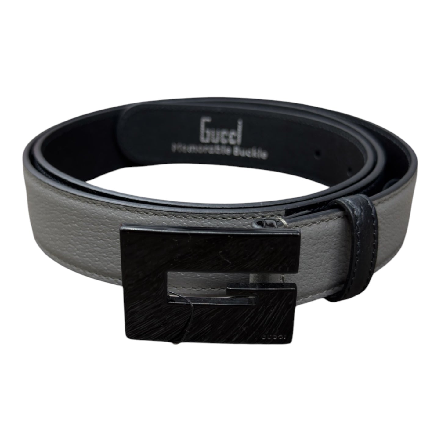 GUCCI LEATHER G ICON SQUARED BUCKLE BELT GREY