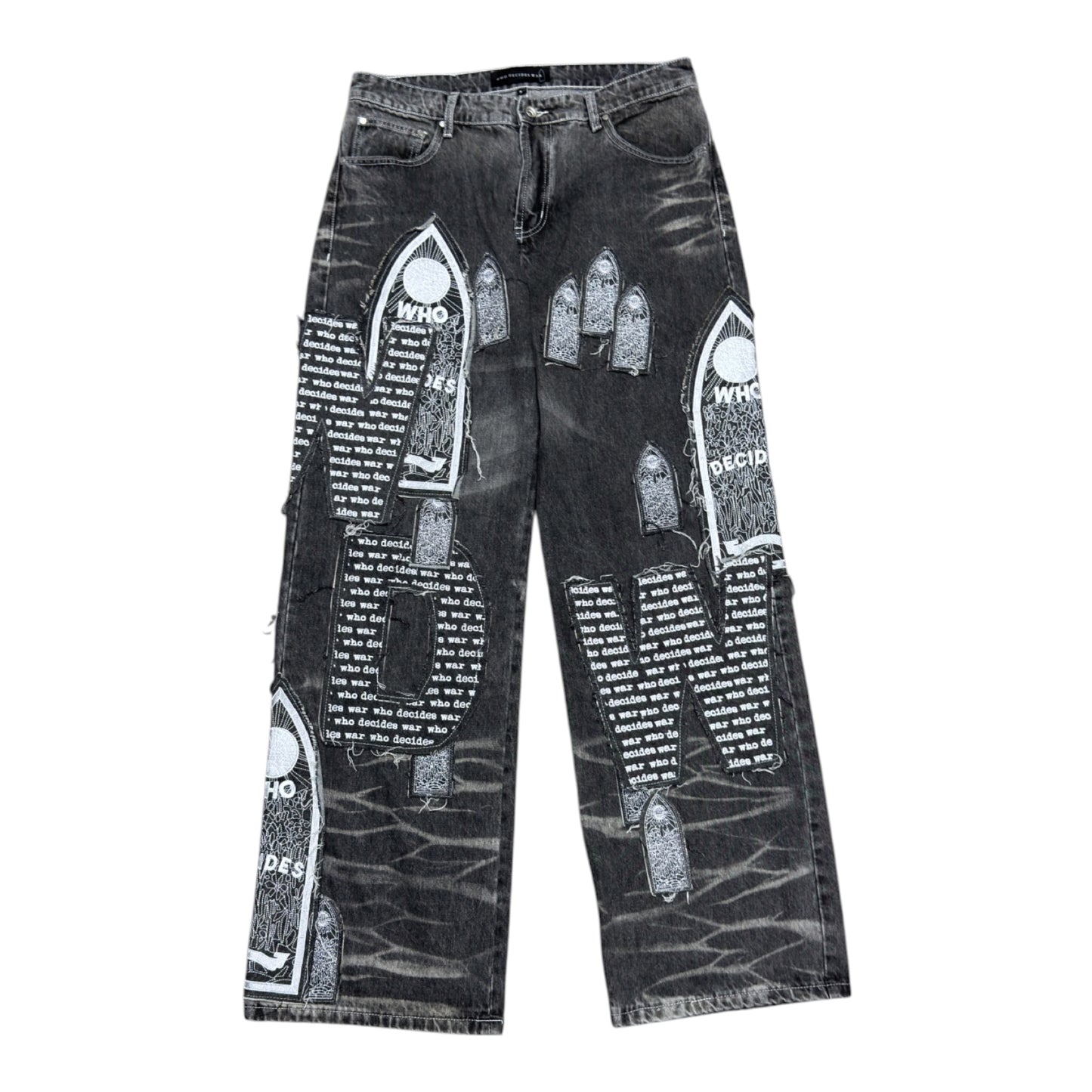 WHO DECIDES WAR MOTIF PATCHED JEANS