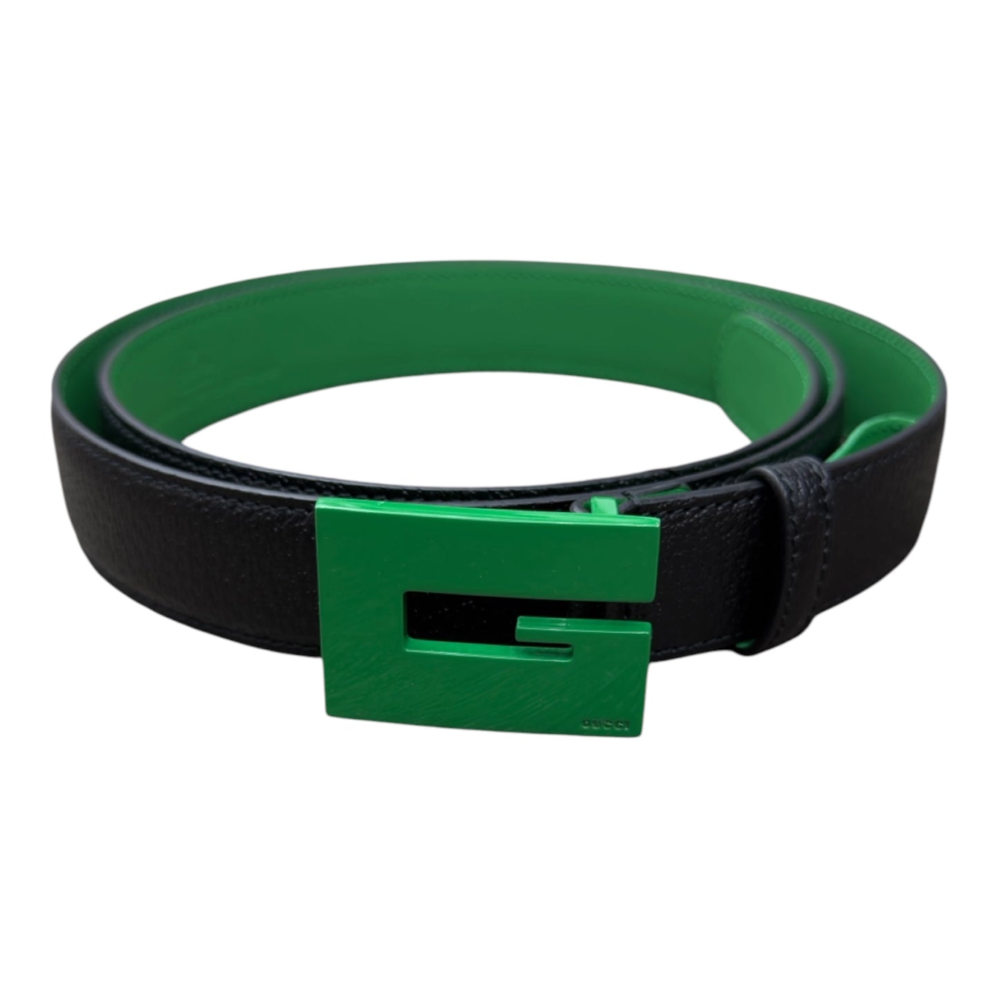 GUCCI LEATHER G ICON SQUARED BUCKLE BELT GREEN